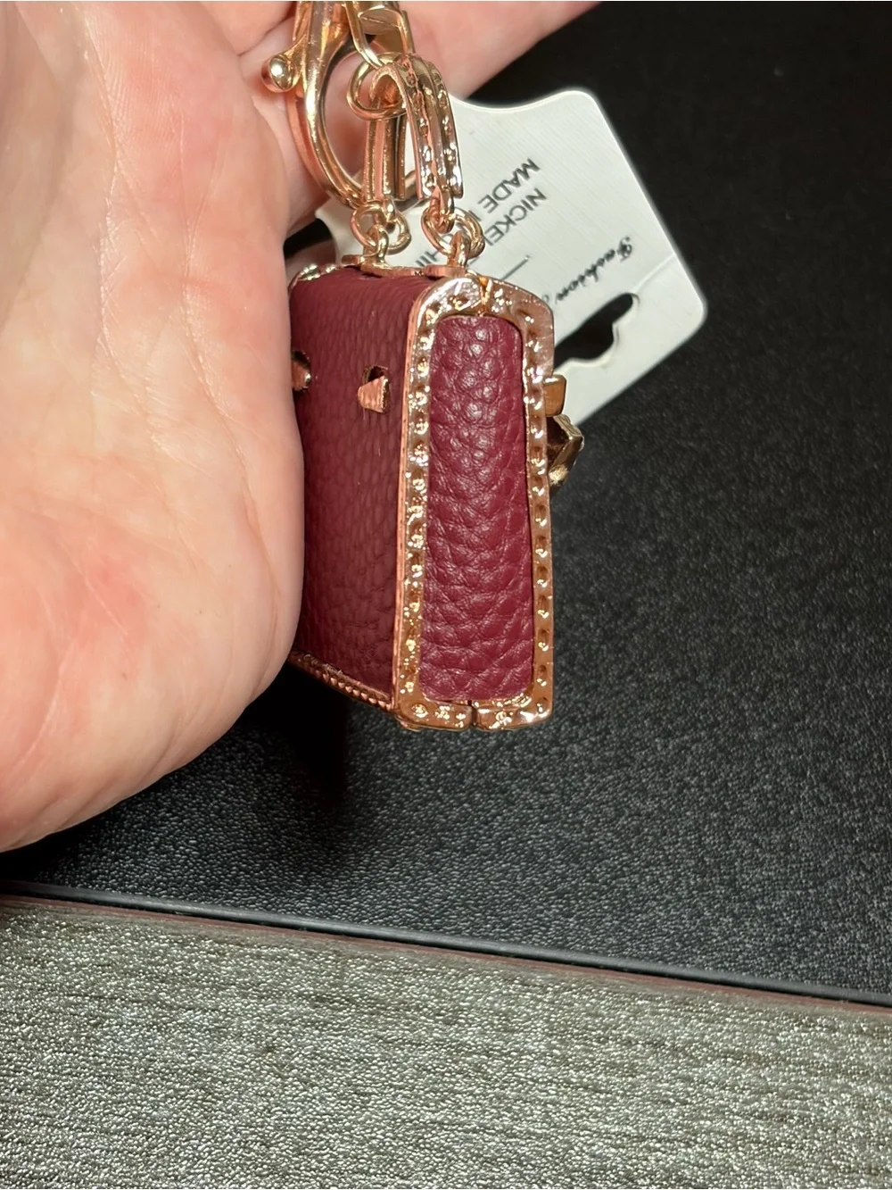 Burgundy Mini Handbag Keychain with Gold Crystal Accents